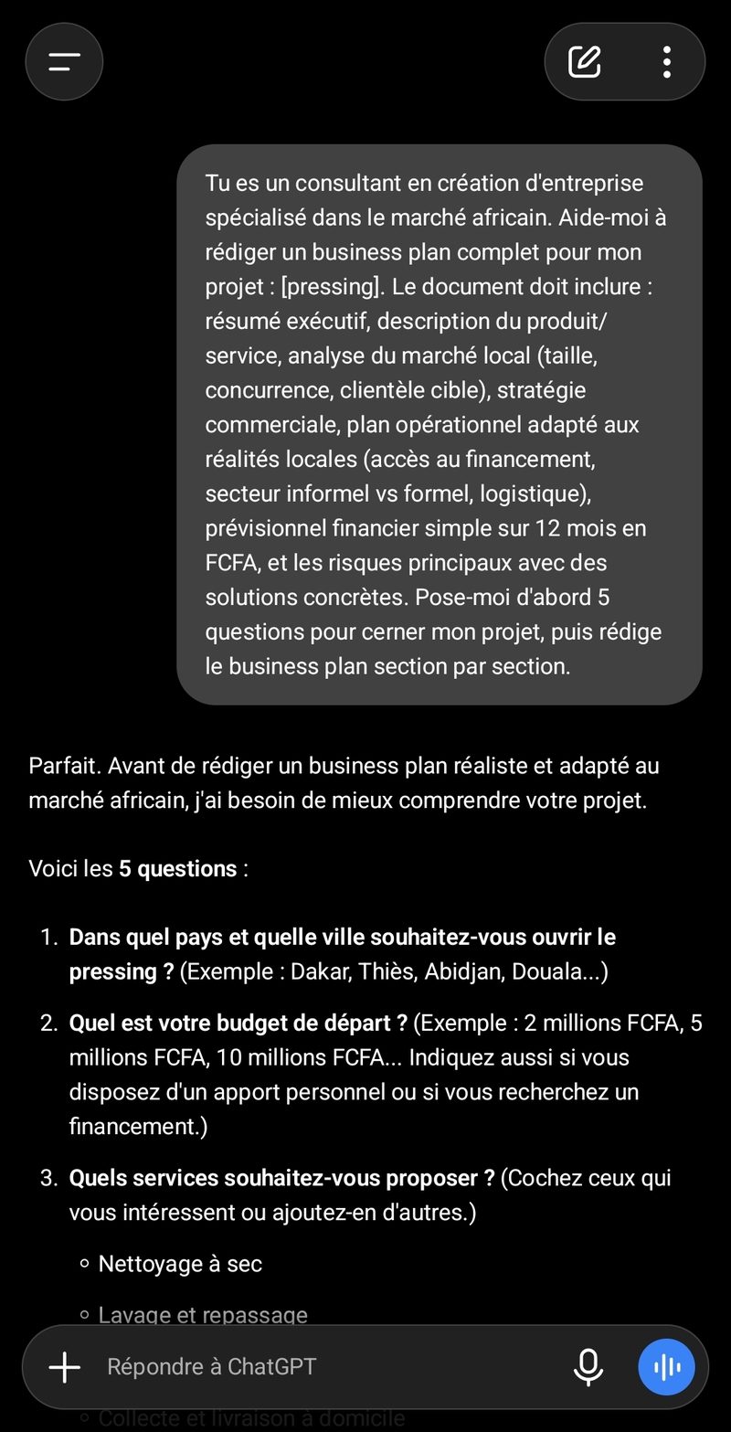 Exemple réel : le prompt business plan rempli et envoyé dans ChatGPT