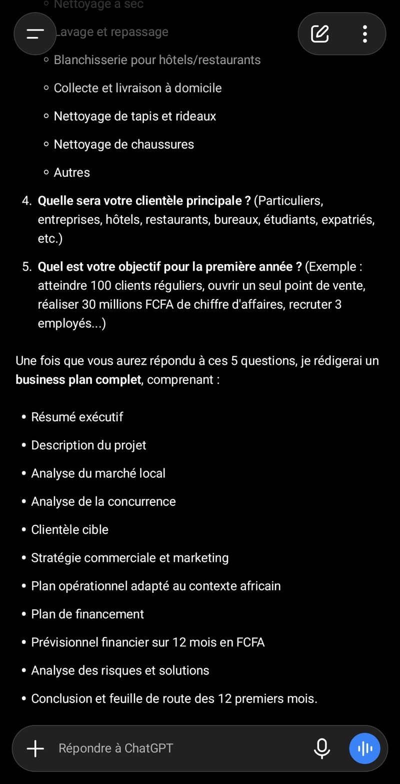 Exemple réel : ChatGPT pose ses questions de cadrage avant de rédiger le business plan