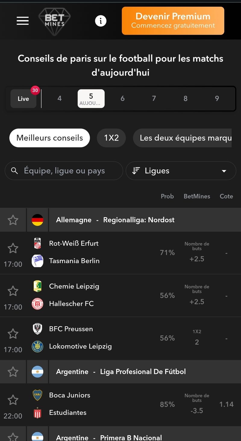 Interface BetMines listant des analyses de matchs football avec pourcentages de probabilité