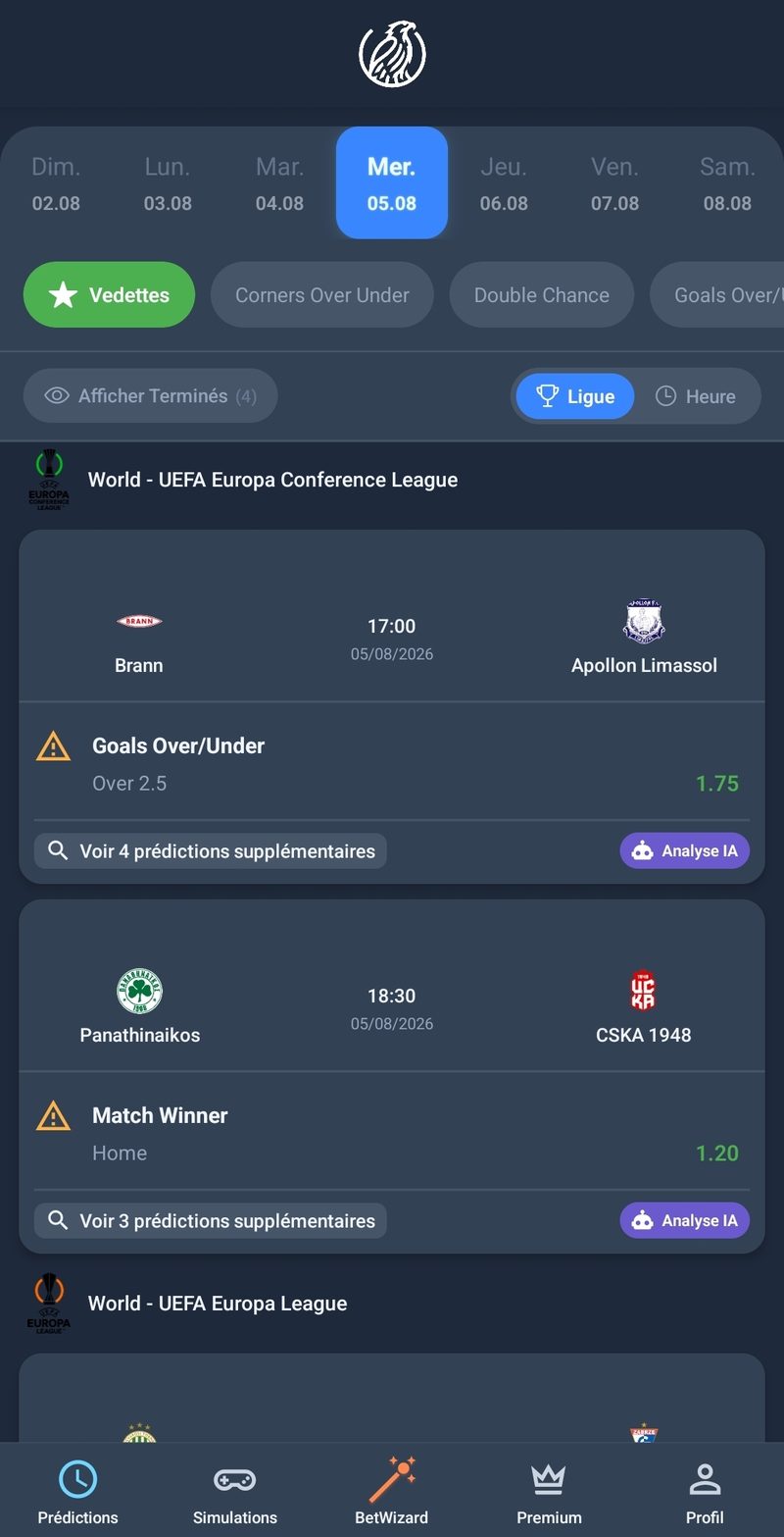 Interface FutPre avec le bouton Analyse IA et les onglets Prédictions, Simulations, BetWizard
