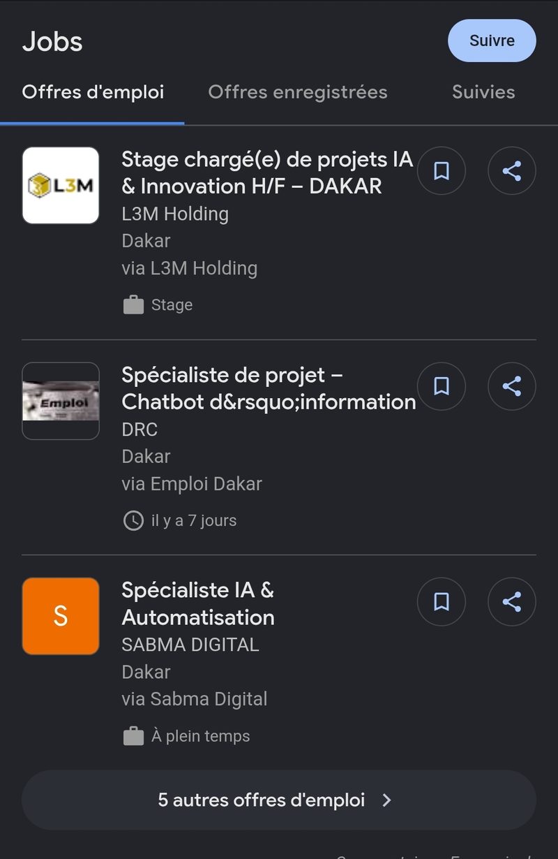 Offres d'emploi en intelligence artificielle à Dakar : chargé de projets IA & Innovation, spécialiste IA & automatisation