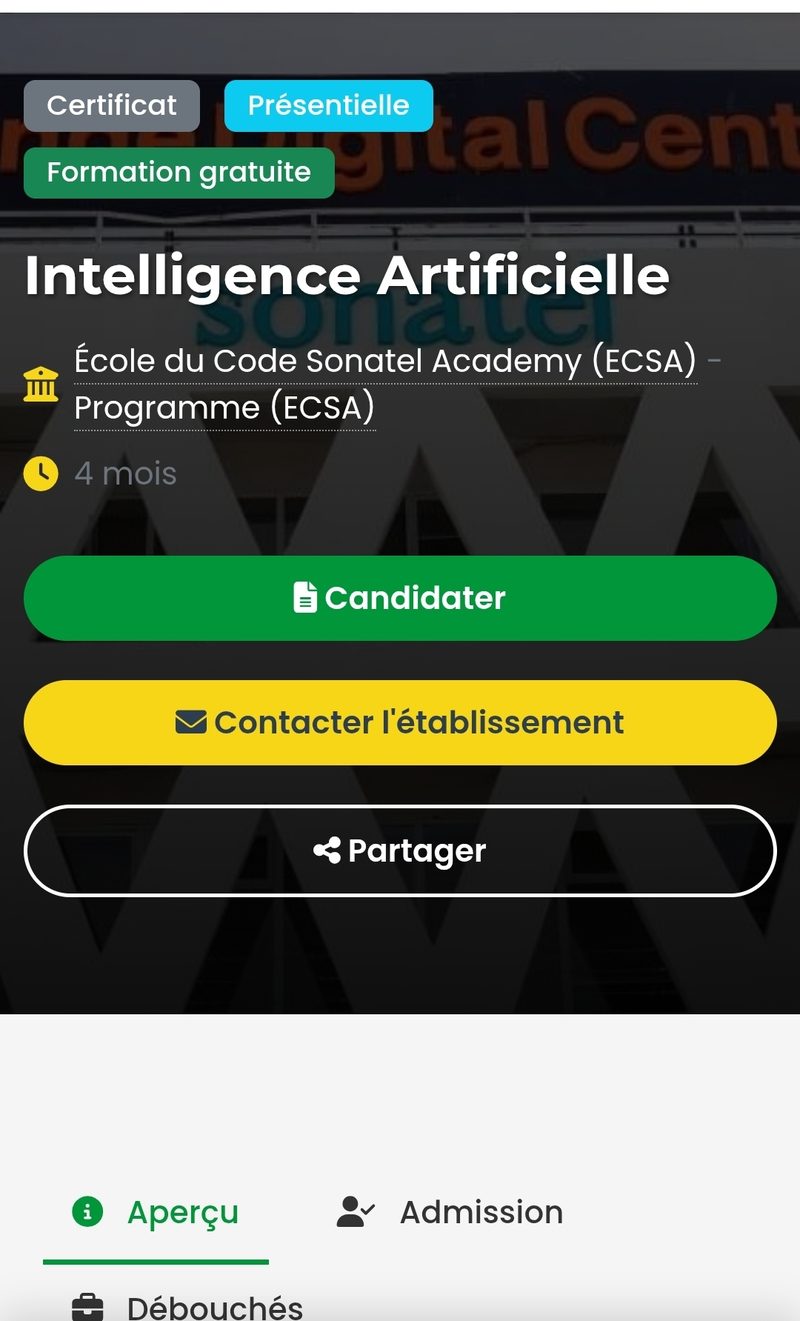 Formation gratuite et certifiante en intelligence artificielle, École du Code Sonatel Academy (4 mois, présentielle)